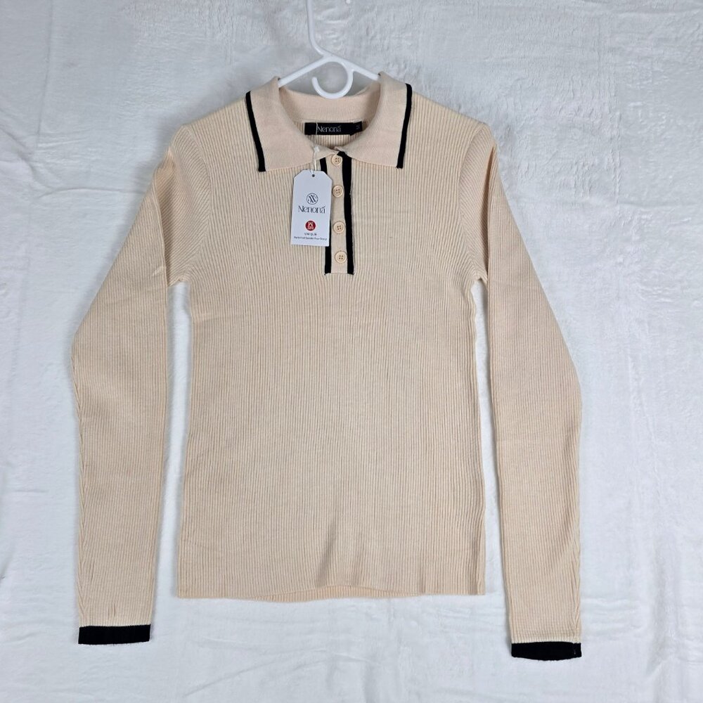 Nenona V-Neck Long Sleeve Sweater Women Medium Button Collared Ribbed Top